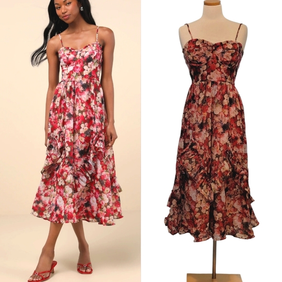 Lulus Dresses & Skirts - Lulus Sweetheart Floral Ruffle Spaghetti Strap Midi Dress